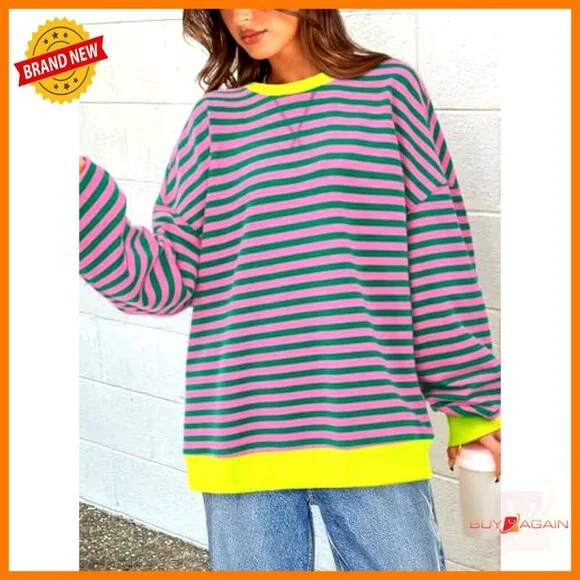 Oversized Striped Sweatshirt, Cotton Blend, Crew Neck, Long Sleeve, Loose Fit - Picture 2 of 7